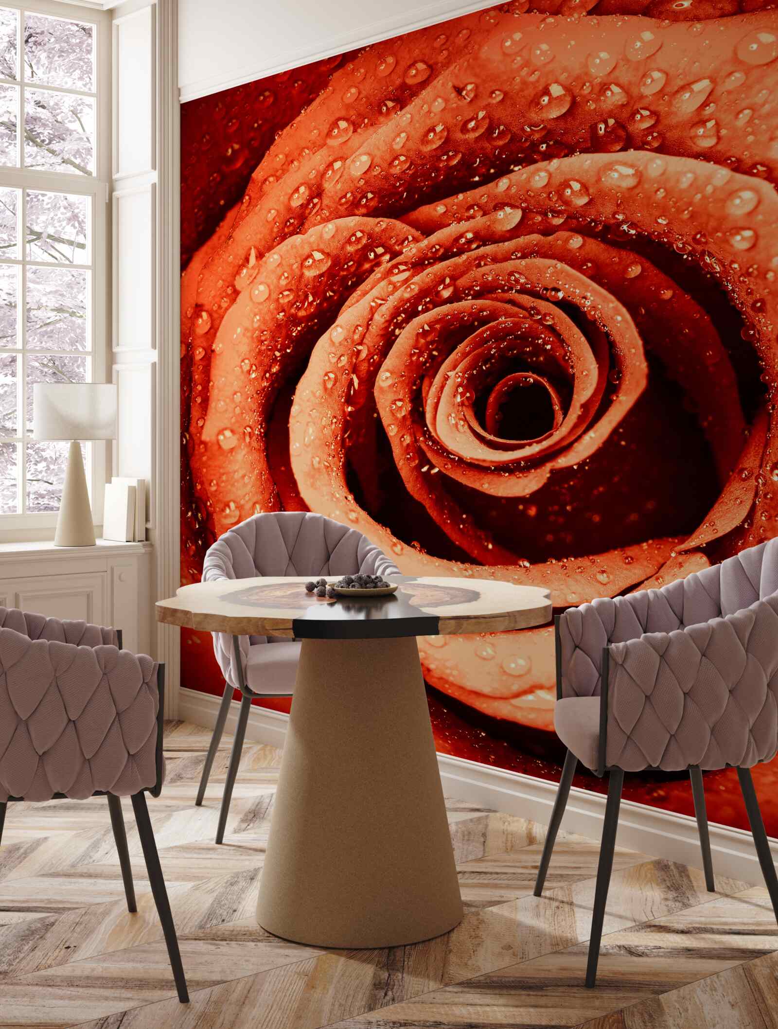 Fototapeten Tropfen Tau auf ein Crimson Rose Blütenblatt