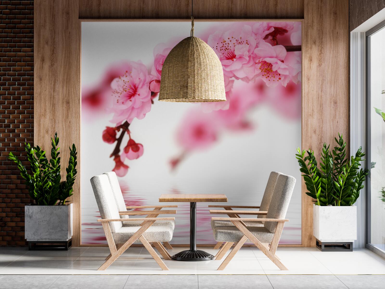 Fototapeten Der rosa Zweig von Sakura liegt in der Nähe des Wassers