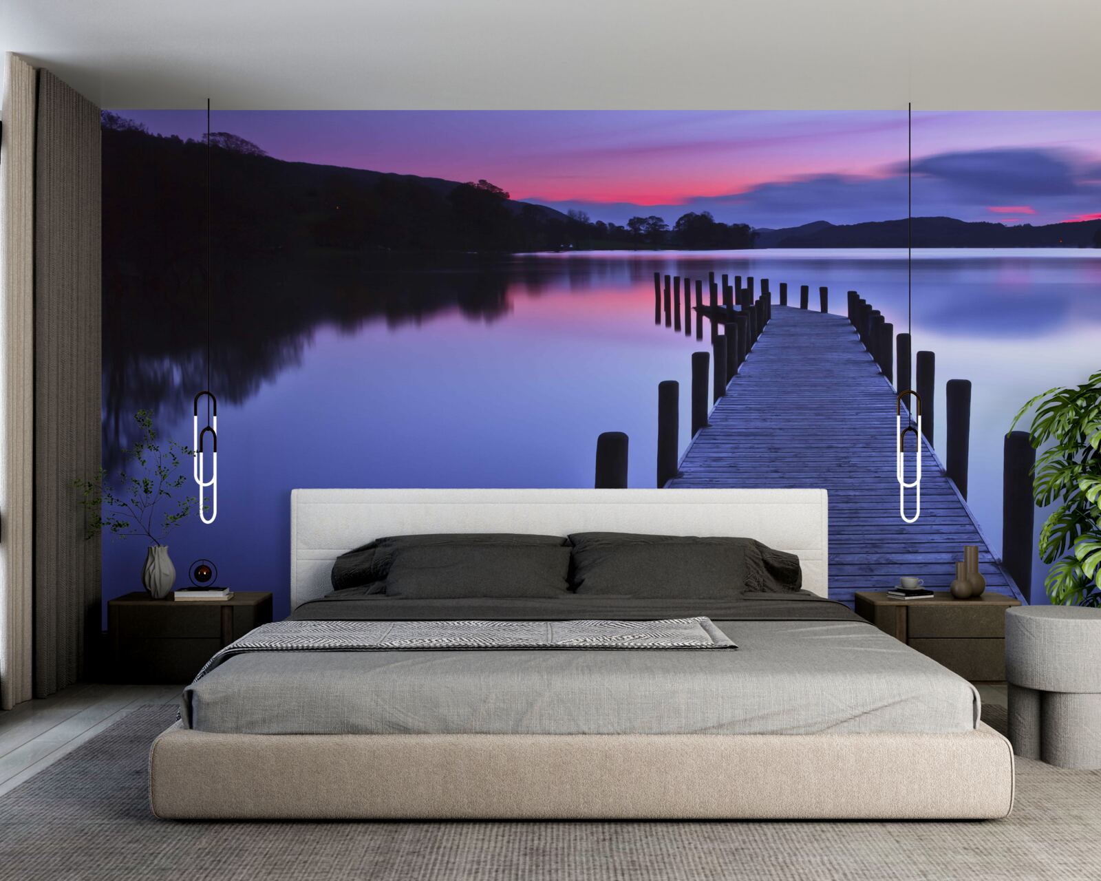 Fototapeten Pier in der Nähe des Sees in den Bergen im Morgengrauen