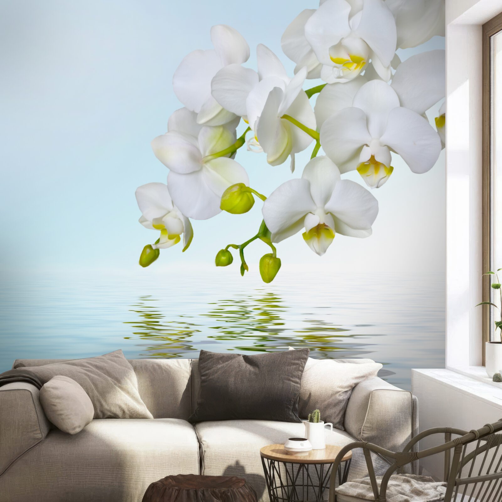 Fototapeten Ein Zweig der weißen Orchidee in der Nähe ruhiges Wasser