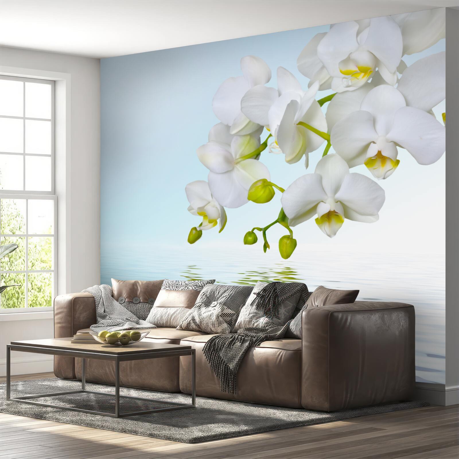 Fototapeten Ein Zweig der weißen Orchidee in der Nähe ruhiges Wasser