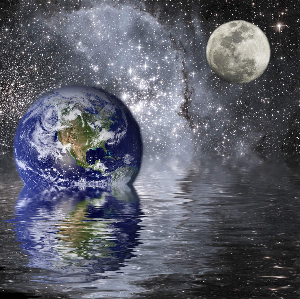 Fototapeten Das Wasser umgibt die Erde und den Mond im Raum