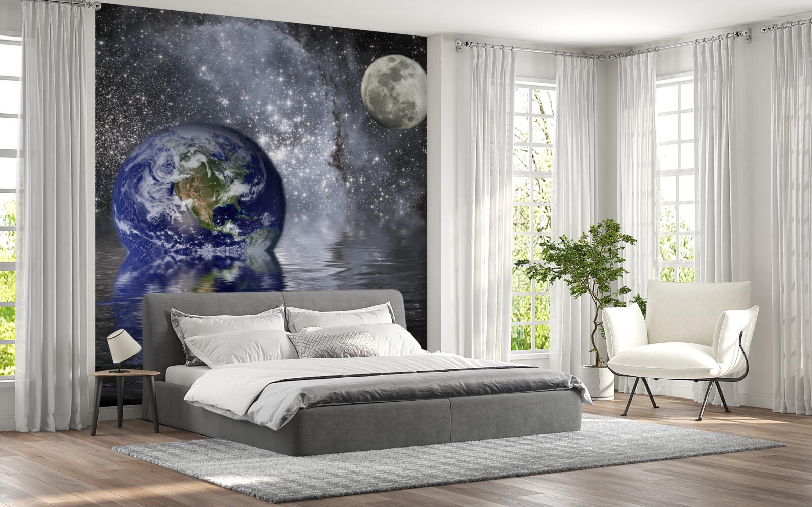 Fototapeten Das Wasser umgibt die Erde und den Mond im Raum