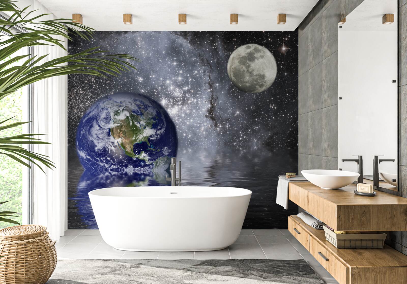 Fototapeten Das Wasser umgibt die Erde und den Mond im Raum