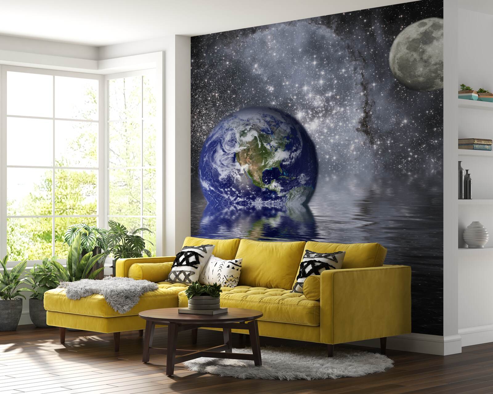 Fototapeten Das Wasser umgibt die Erde und den Mond im Raum