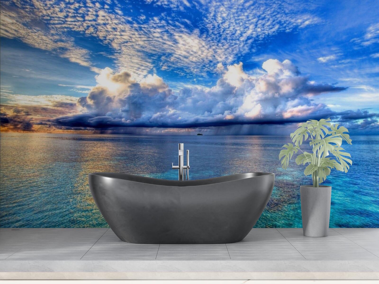 Fototapeten Die Wolken schweben sanft über der blauen Wasseroberfläche des Wassers