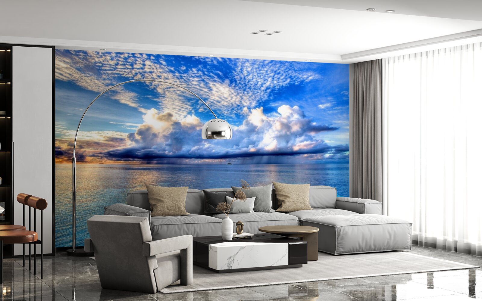 Fototapeten Die Wolken schweben sanft über der blauen Wasseroberfläche des Wassers
