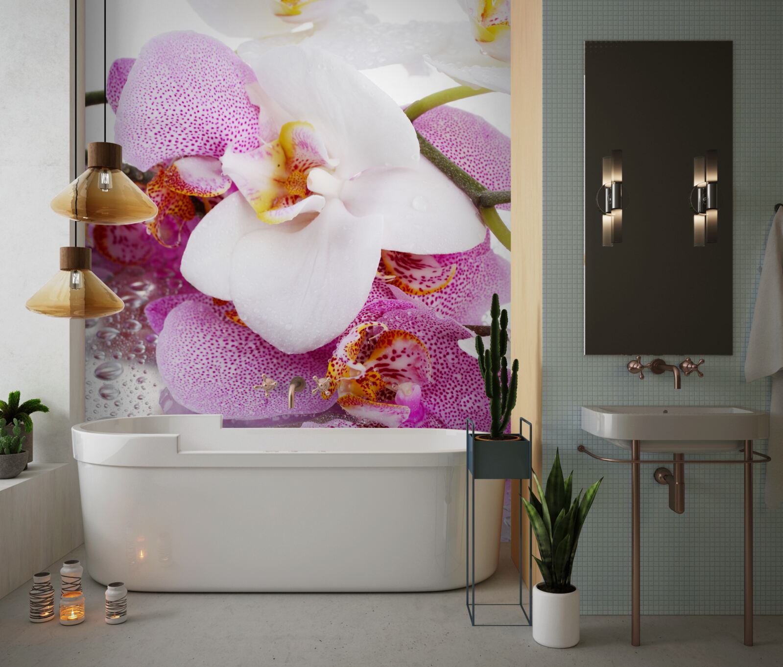 Fototapeten Orchideen mit Blütenblättern in Weiß und Rosa