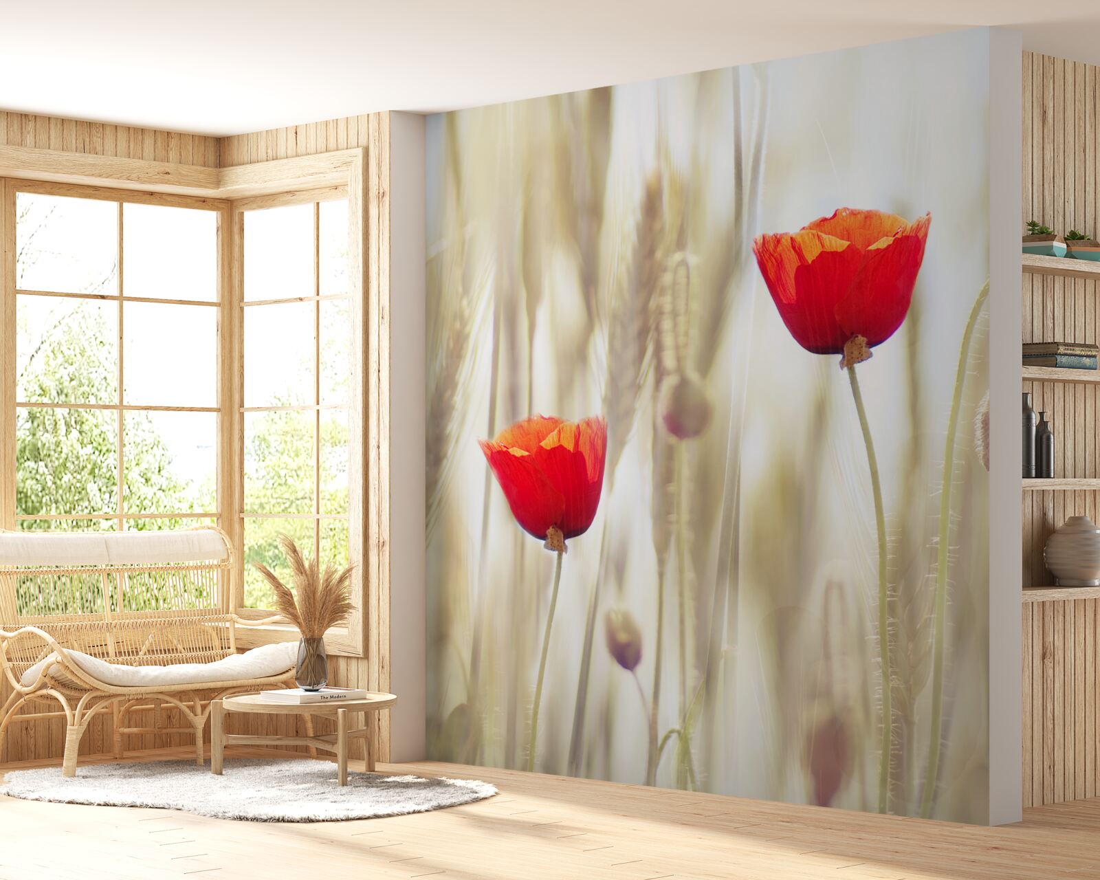 Fototapeten Scharlachrote Mohnblumen wachsen auf dem Feld des Weizens