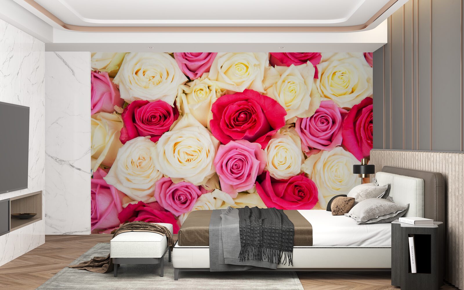 Fototapeten Ein Blumenstrauß mit zarten Rosen in verschiedenen Farbtönen