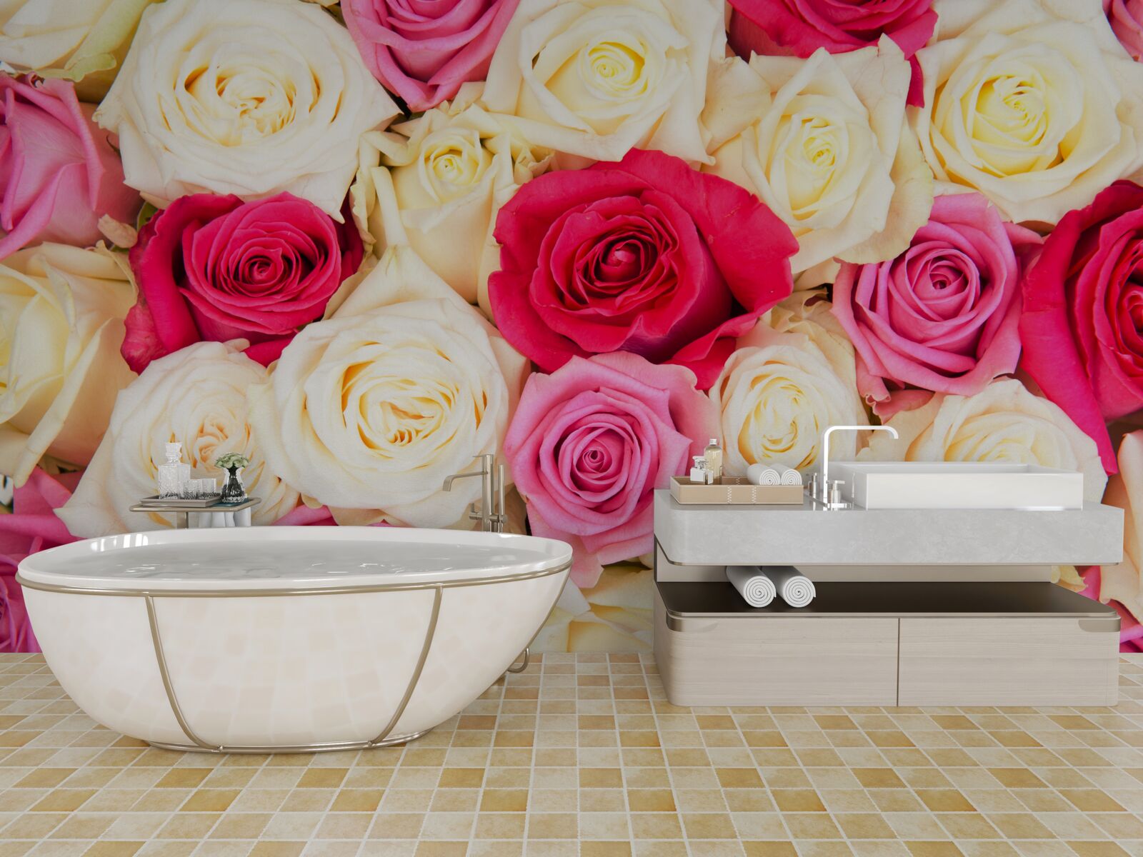 Fototapeten Ein Blumenstrauß mit zarten Rosen in verschiedenen Farbtönen