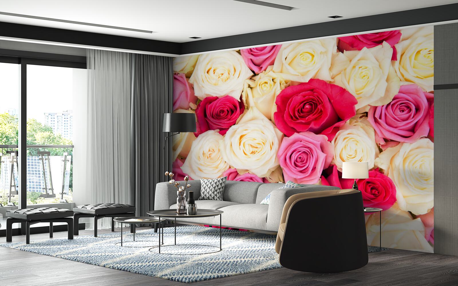 Fototapeten Ein Blumenstrauß mit zarten Rosen in verschiedenen Farbtönen