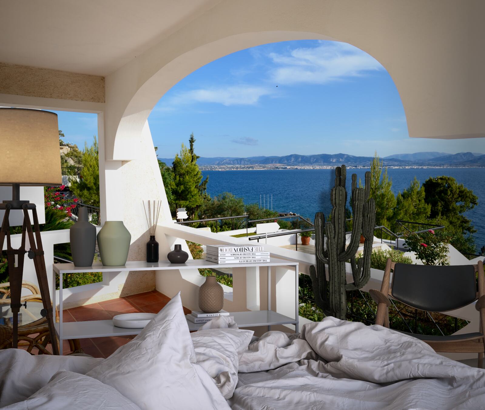 Fototapeten Eine bequeme Terrasse mit einem Meerblick