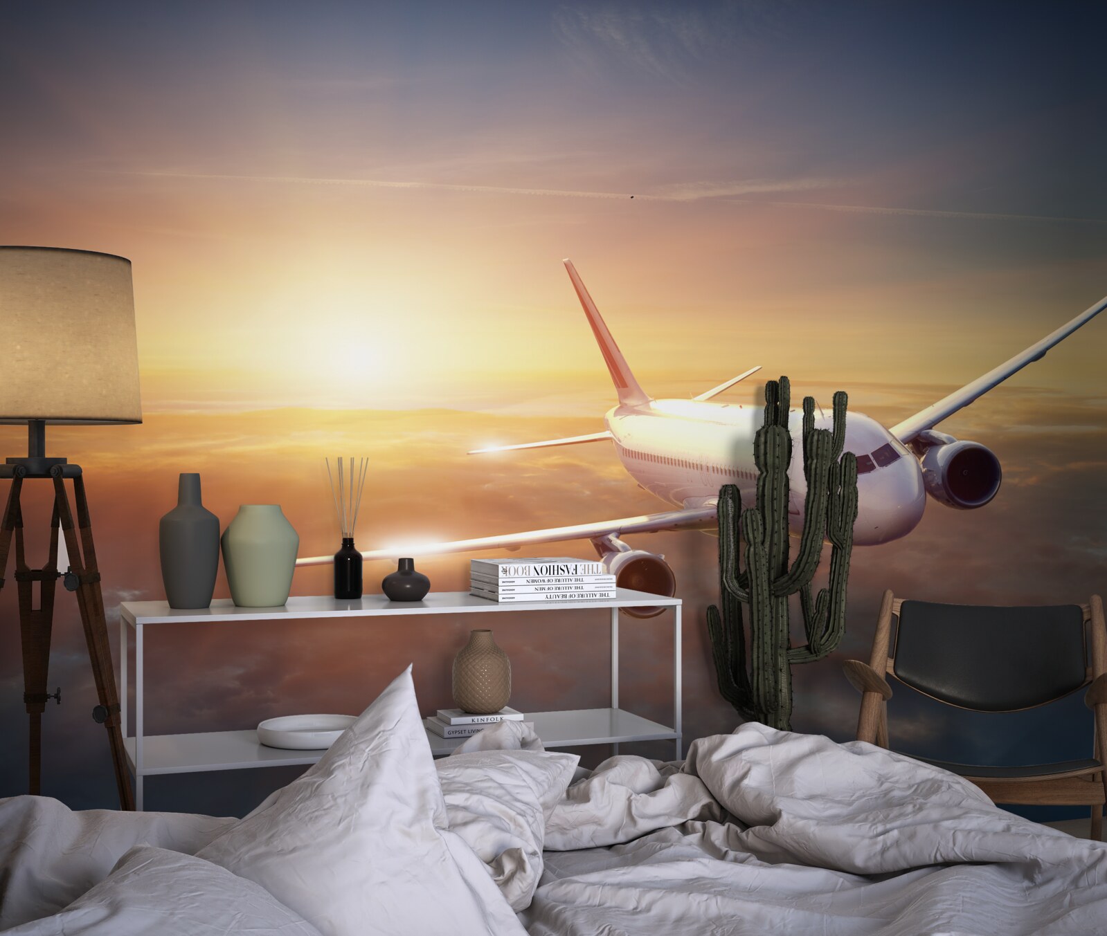 Fototapeten Das Flugzeug verschwindet im Sonnenuntergang