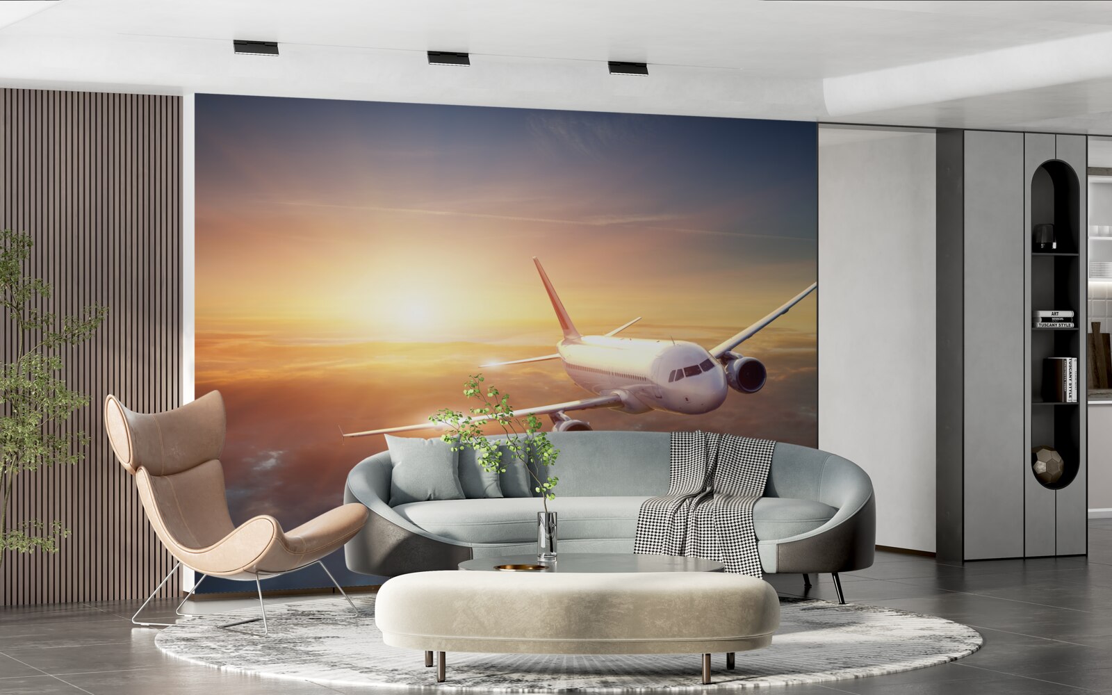 Fototapeten Das Flugzeug verschwindet im Sonnenuntergang