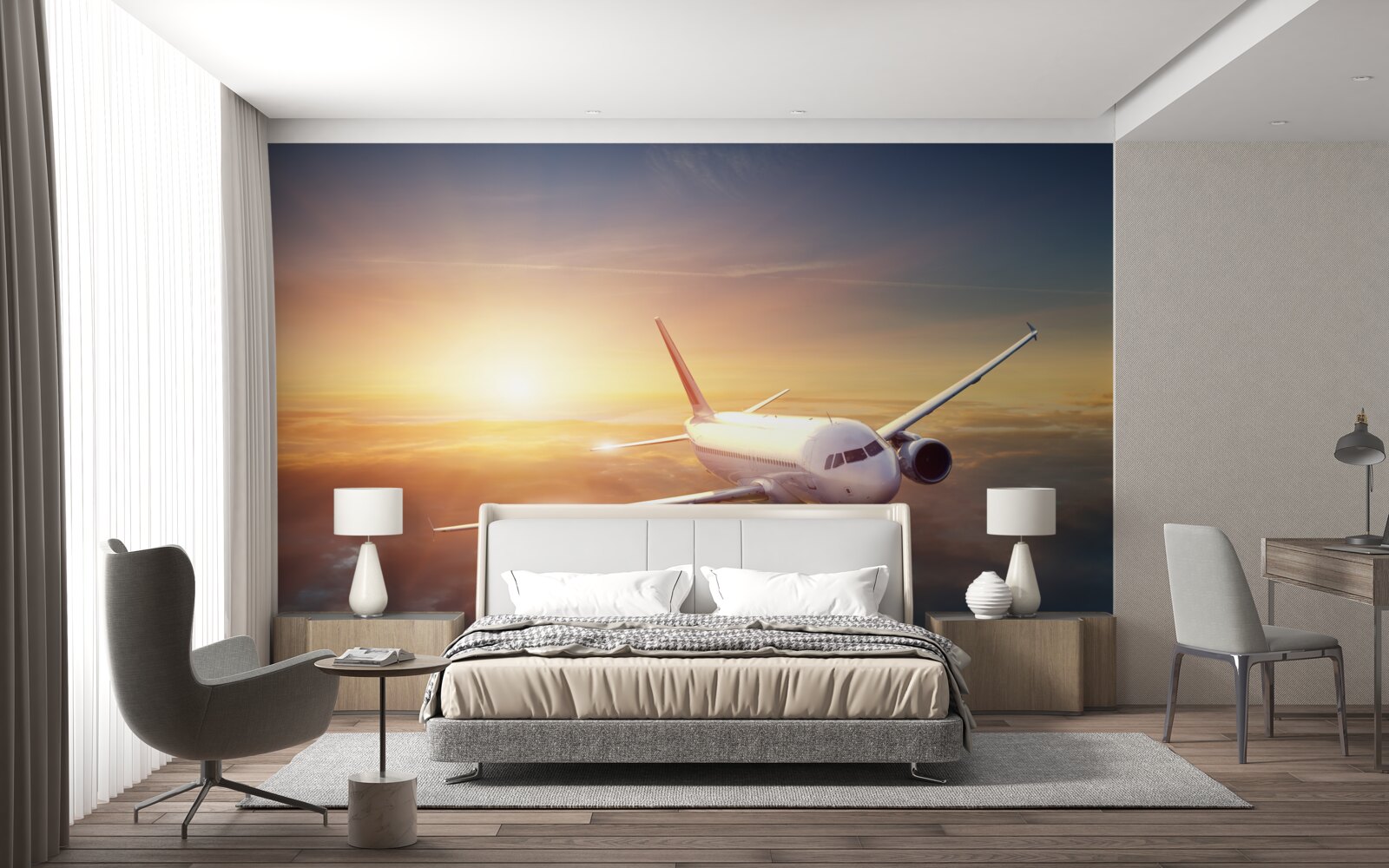 Fototapeten Das Flugzeug verschwindet im Sonnenuntergang