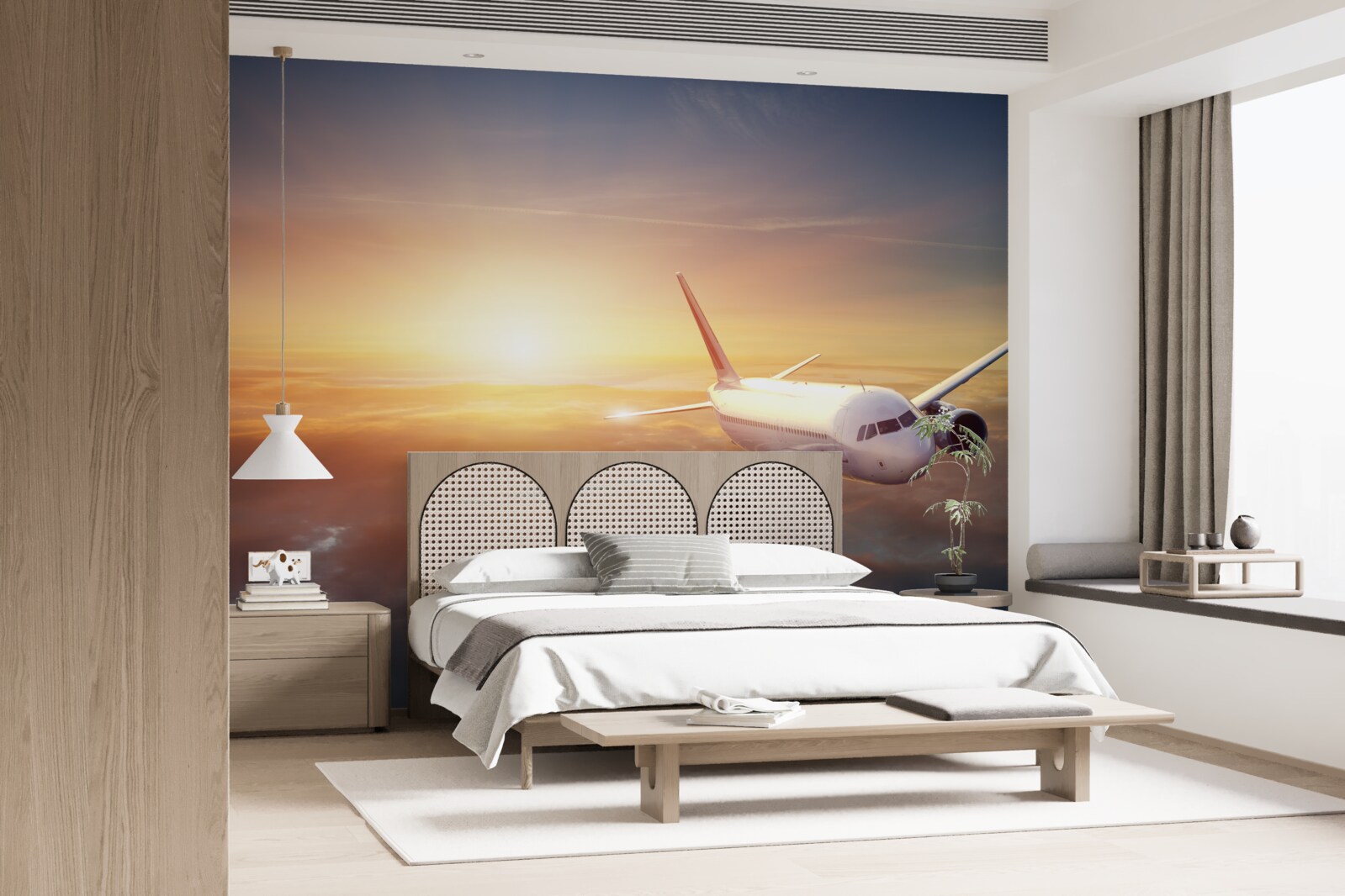 Fototapeten Das Flugzeug verschwindet im Sonnenuntergang