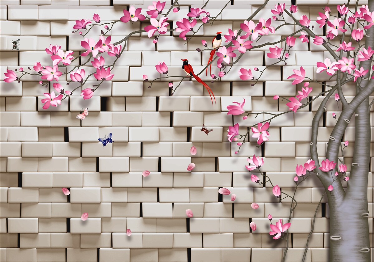 Fototapeten Sakura blühte vor dem Hintergrund einer Mauer
