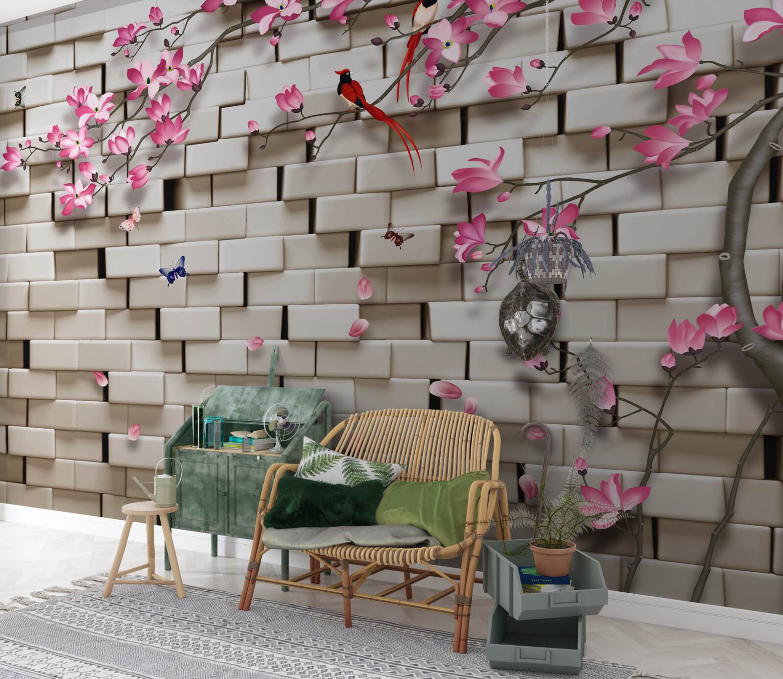 Fototapeten Sakura blühte vor dem Hintergrund einer Mauer