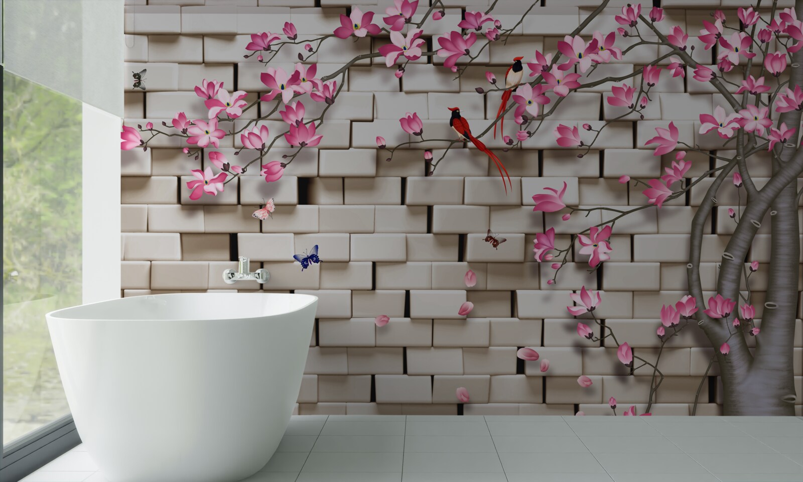 Fototapeten Sakura blühte vor dem Hintergrund einer Mauer