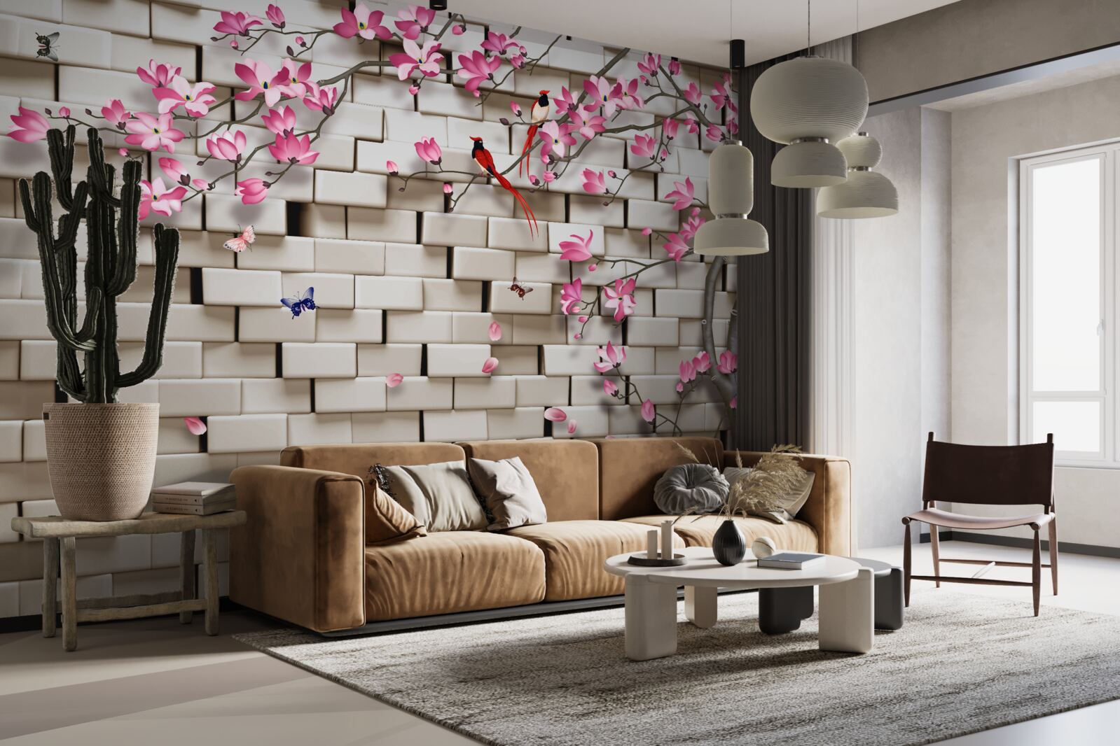Fototapeten Sakura blühte vor dem Hintergrund einer Mauer