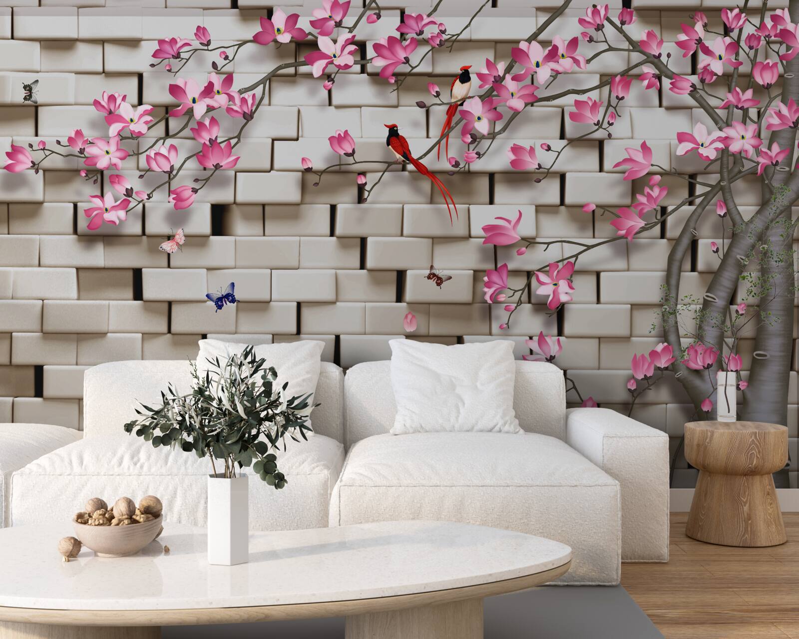 Fototapeten Sakura blühte vor dem Hintergrund einer Mauer