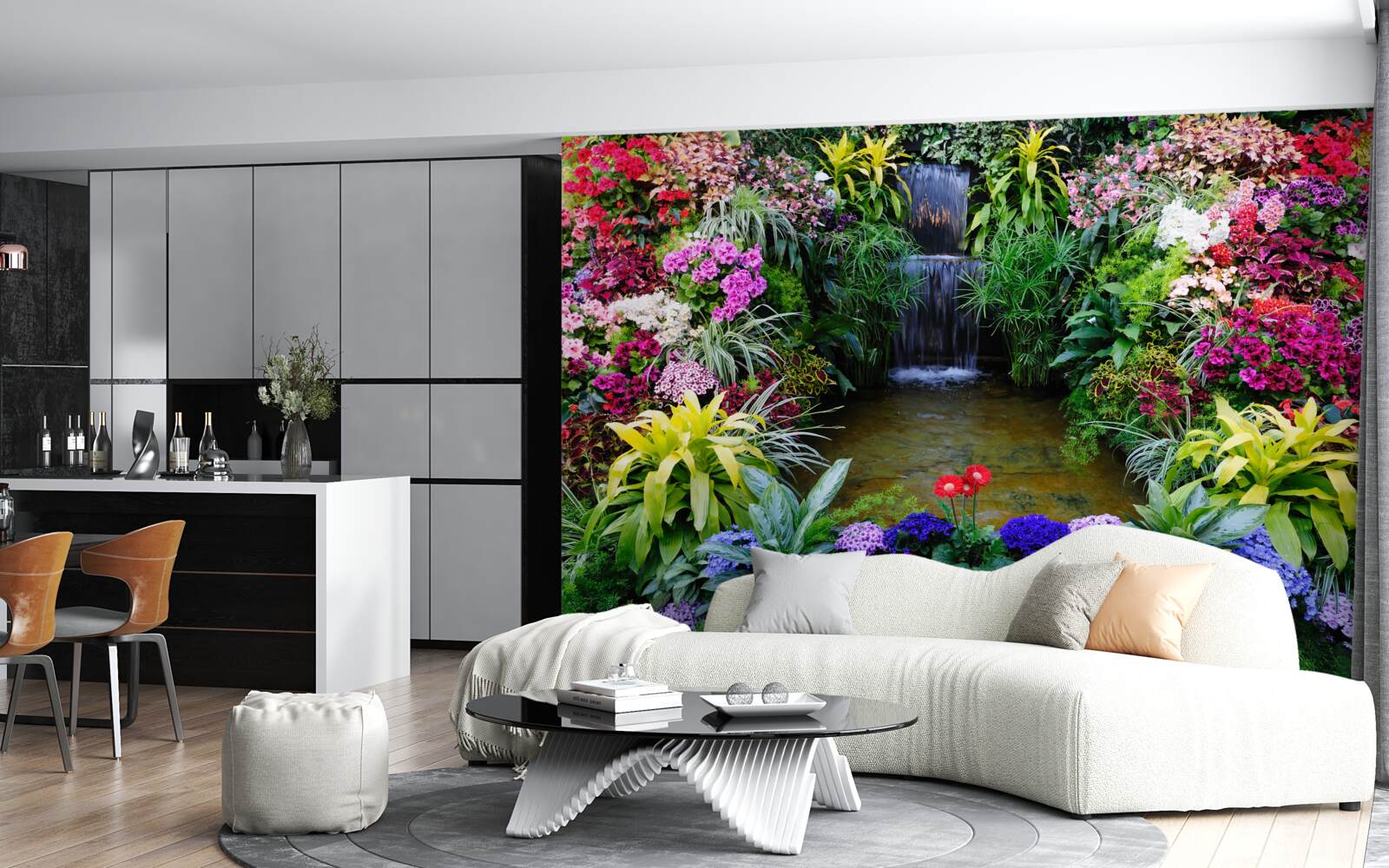 Fototapeten Tropische Blumen neben dem Bergwasserfall