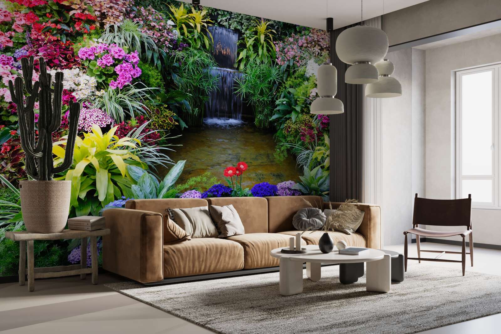 Fototapeten Tropische Blumen neben dem Bergwasserfall