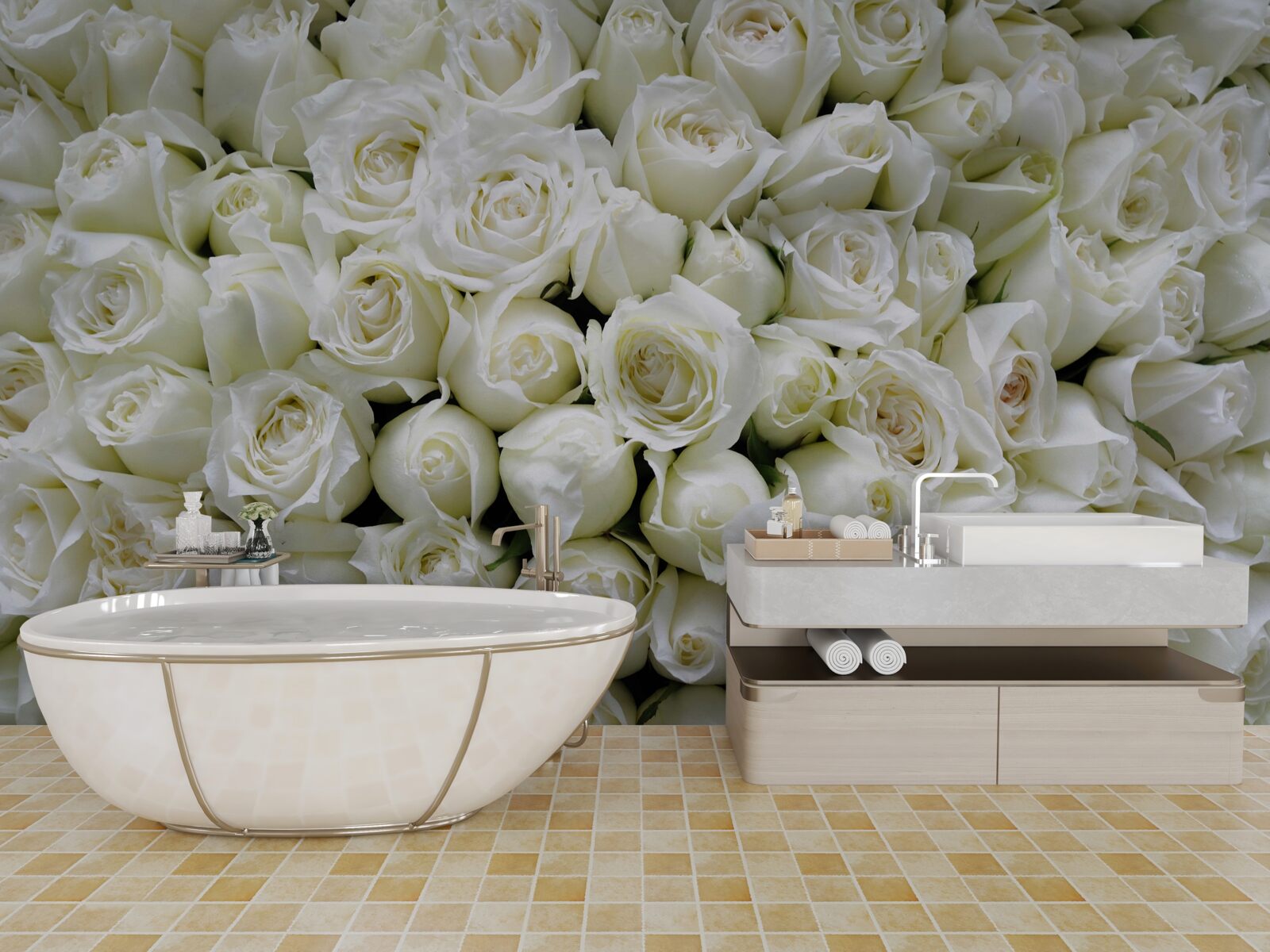 Fototapeten Ein Blumenstrauß vieler schneebedeckter Rosen