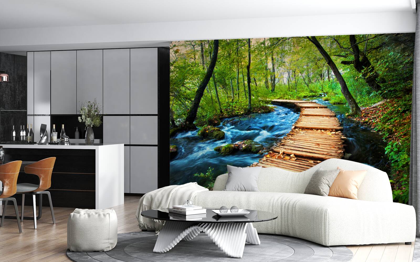Fototapeten Holzbrücke, die durch einen dichten Wald fährt
