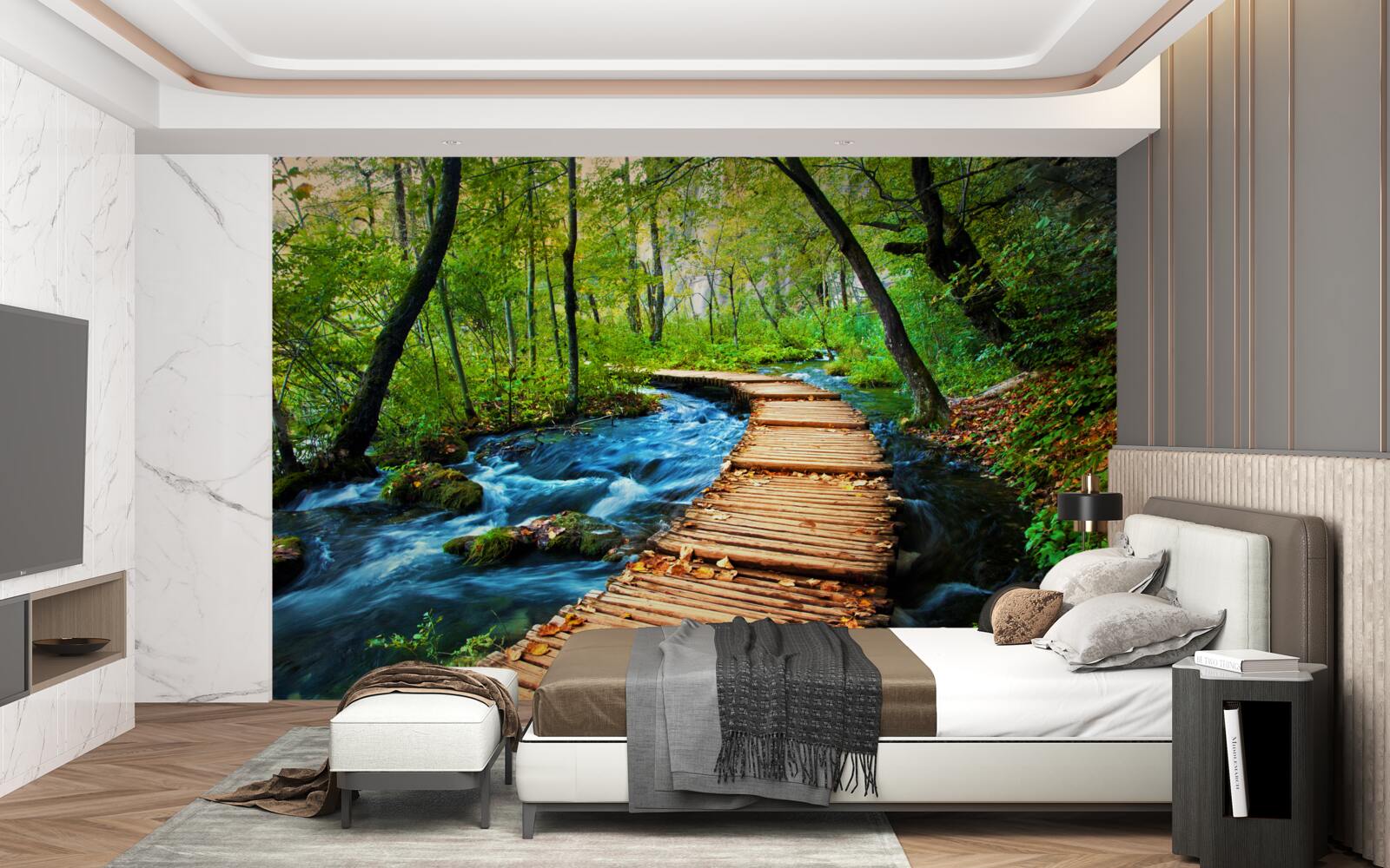 Fototapeten Holzbrücke, die durch einen dichten Wald fährt