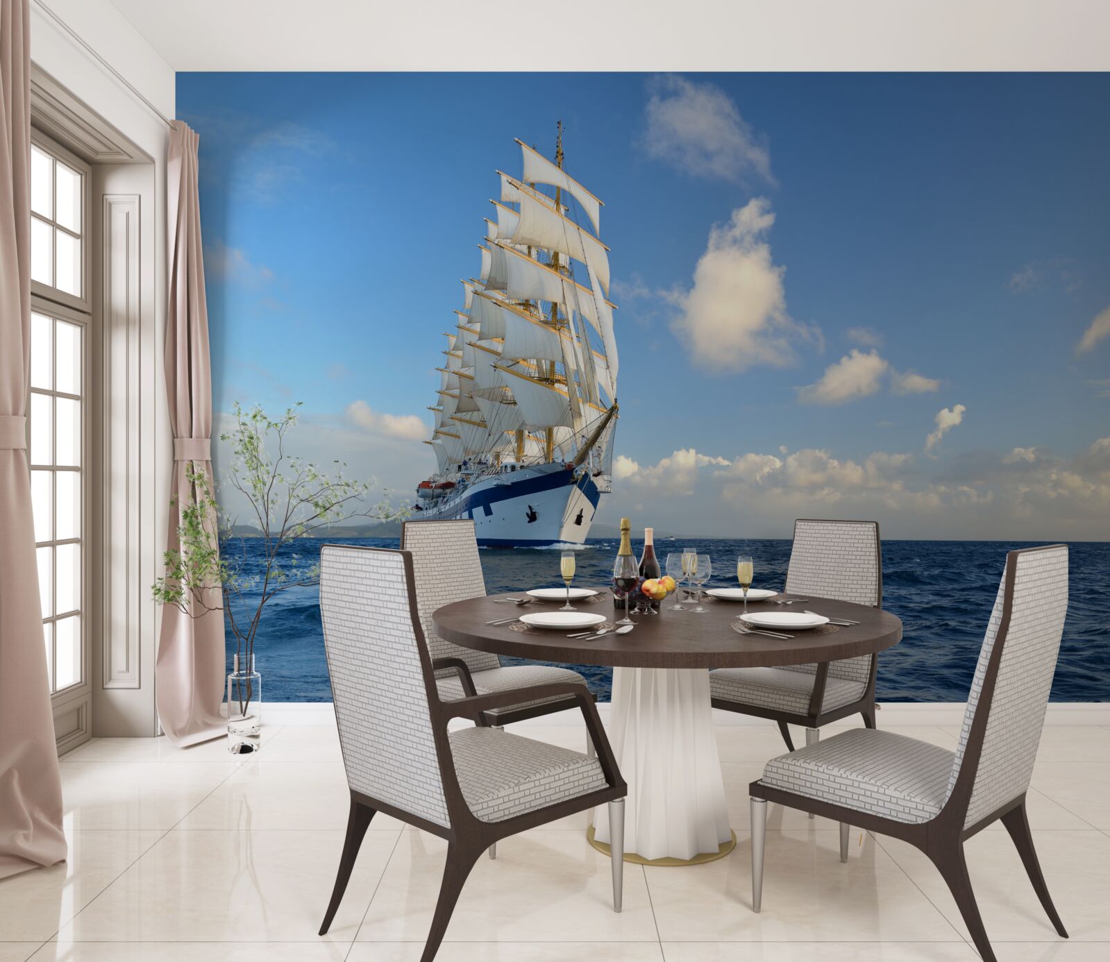Fototapeten Schiff unter den Segeln auf einem rauen Meer