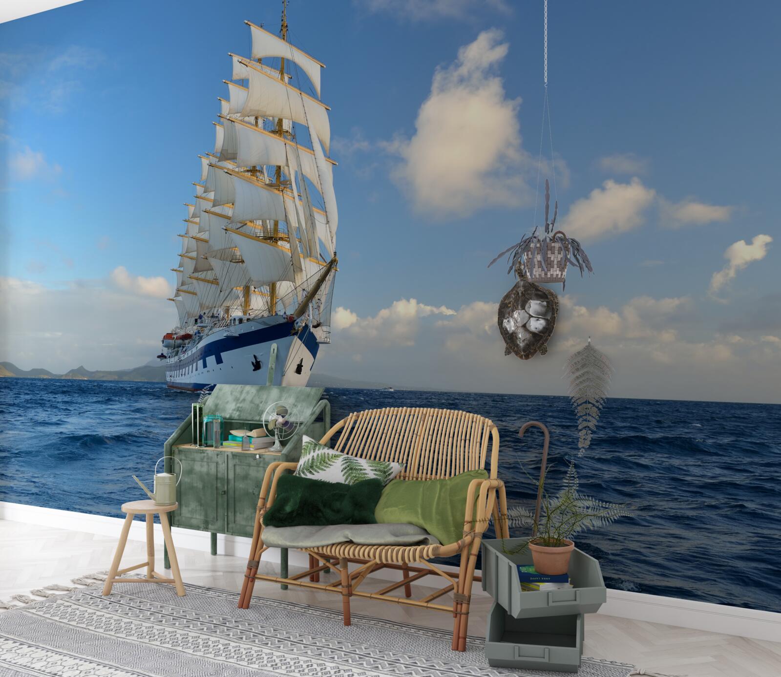 Fototapeten Schiff unter den Segeln auf einem rauen Meer