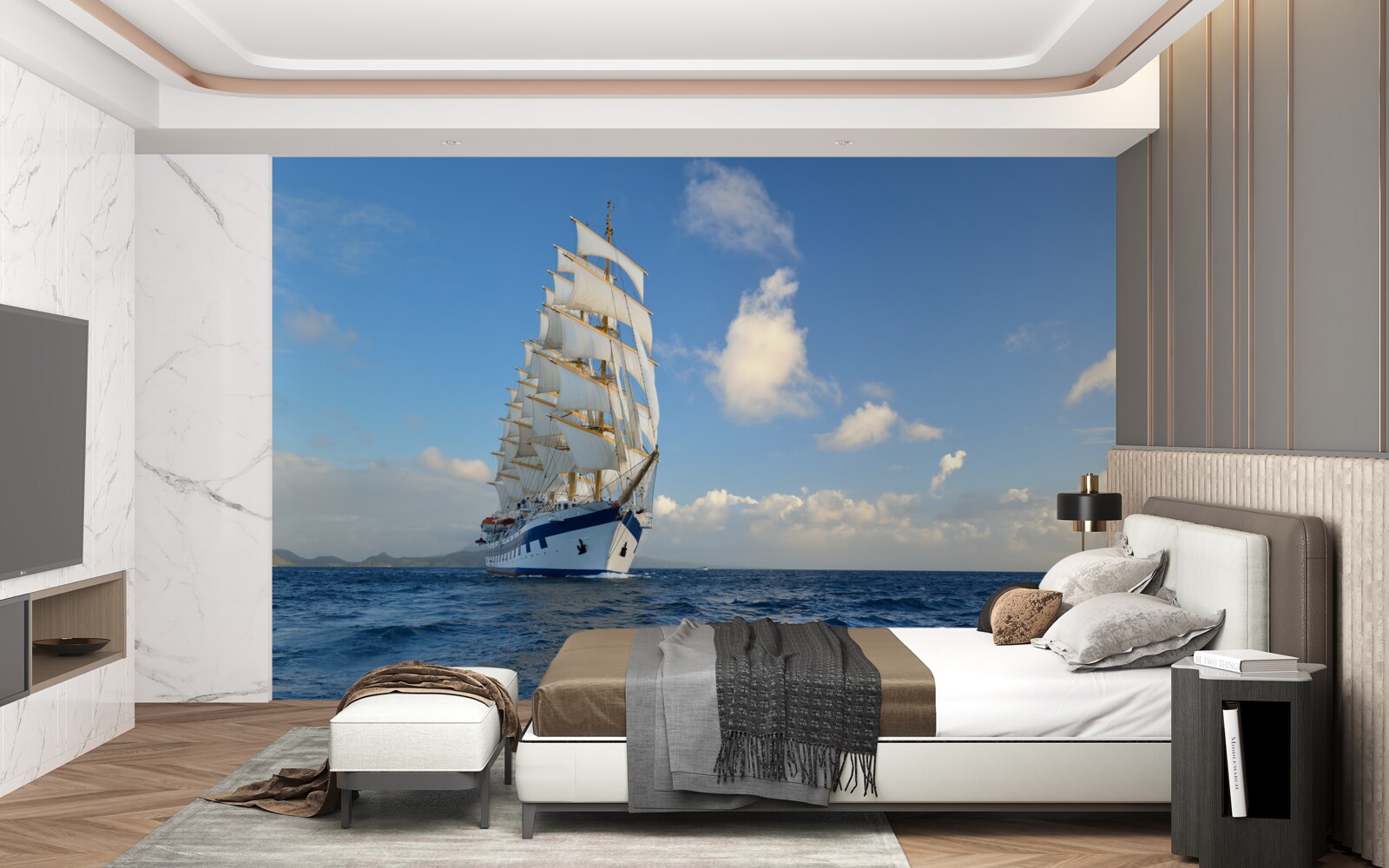 Fototapeten Schiff unter den Segeln auf einem rauen Meer