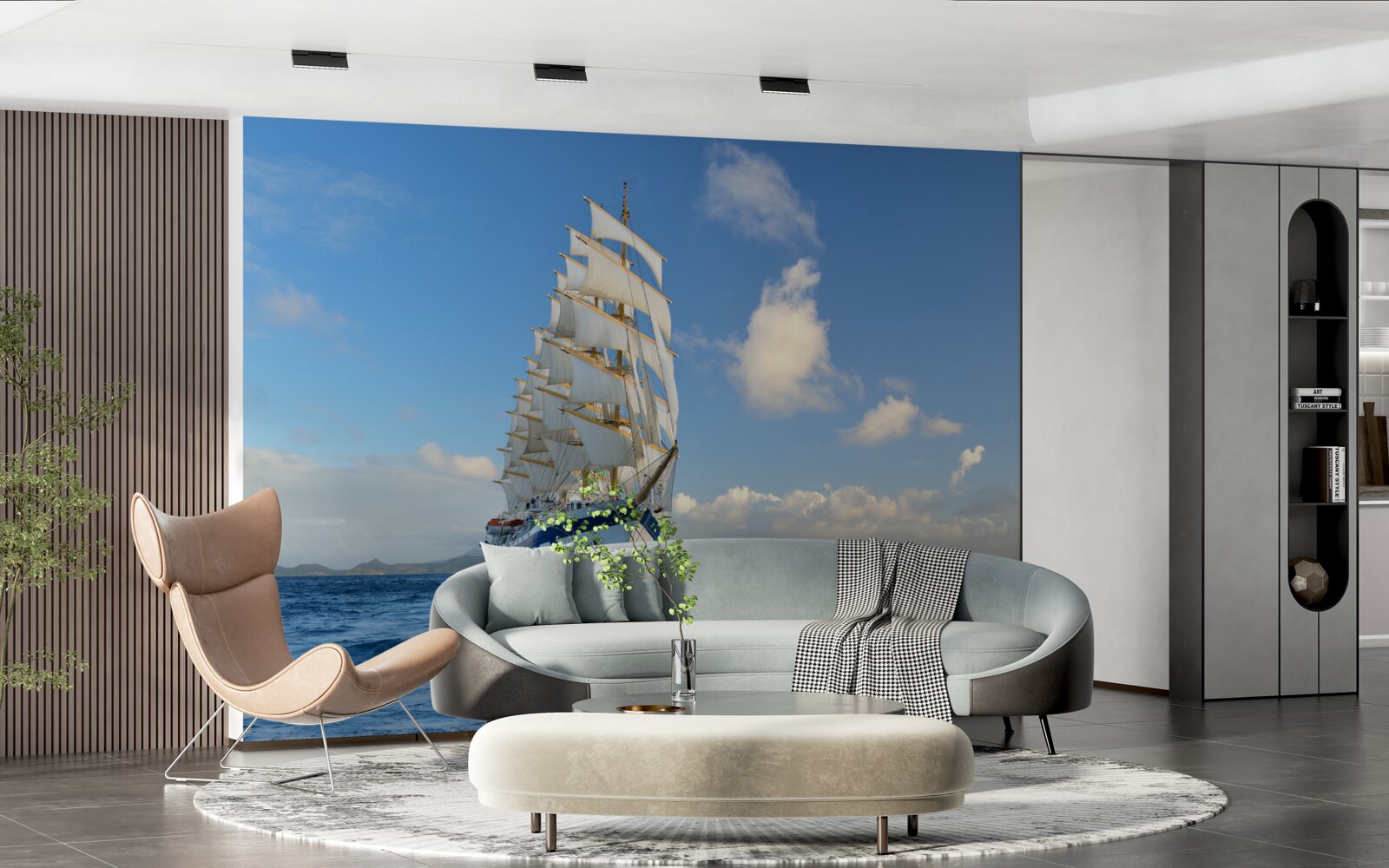 Fototapeten Schiff unter den Segeln auf einem rauen Meer