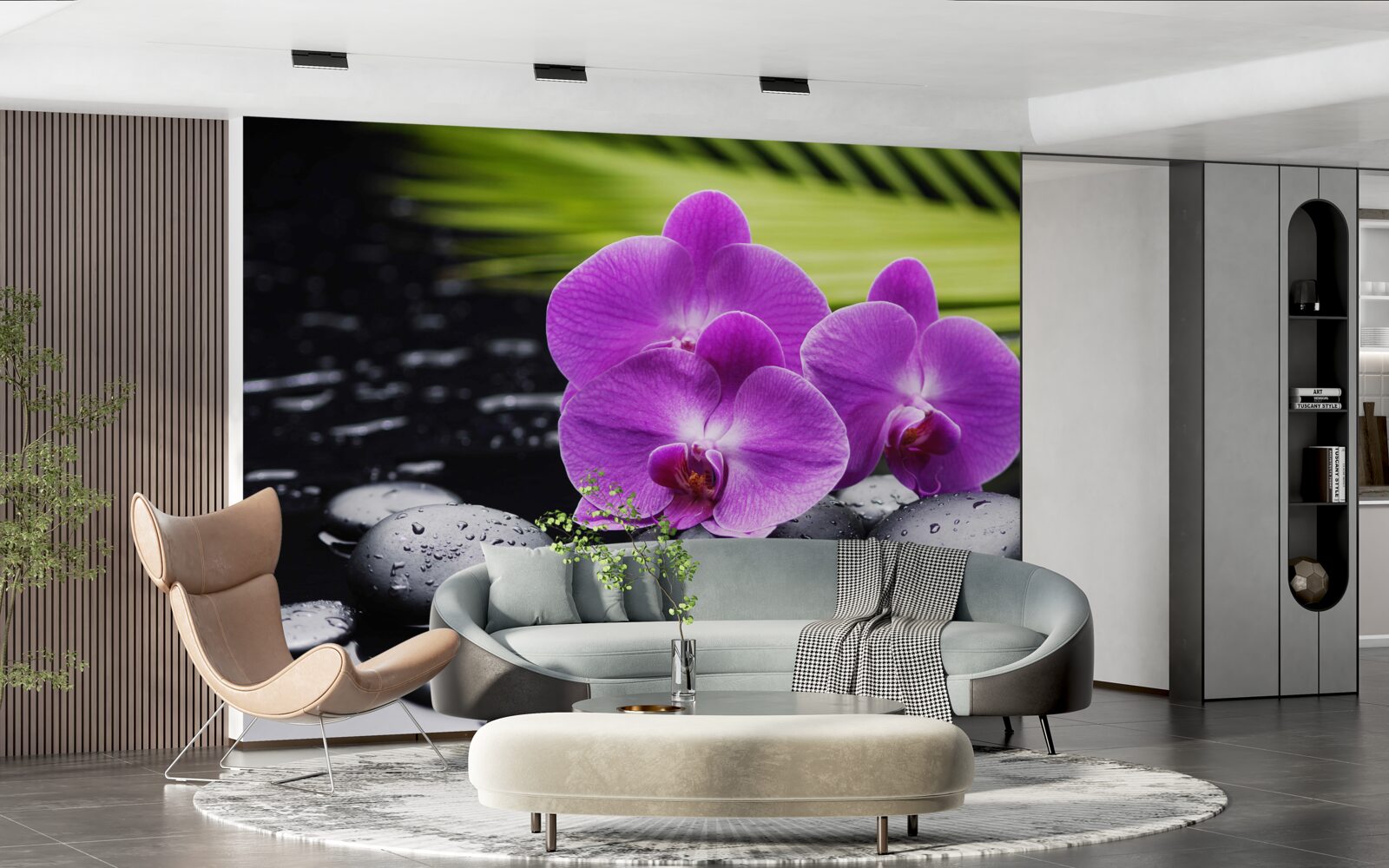 Fototapeten Violet Orchidee auf einem schwarzen Stein in der Nähe des Wassers