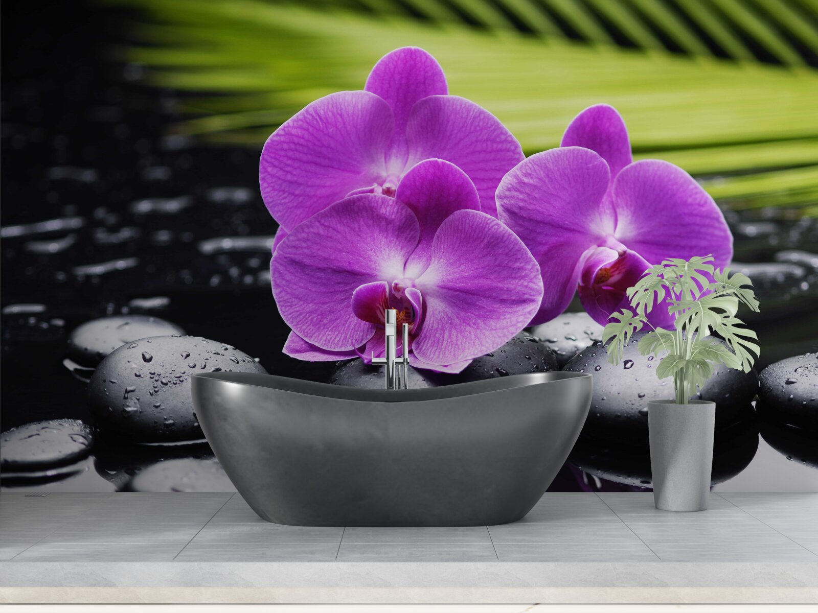 Fototapeten Violet Orchidee auf einem schwarzen Stein in der Nähe des Wassers