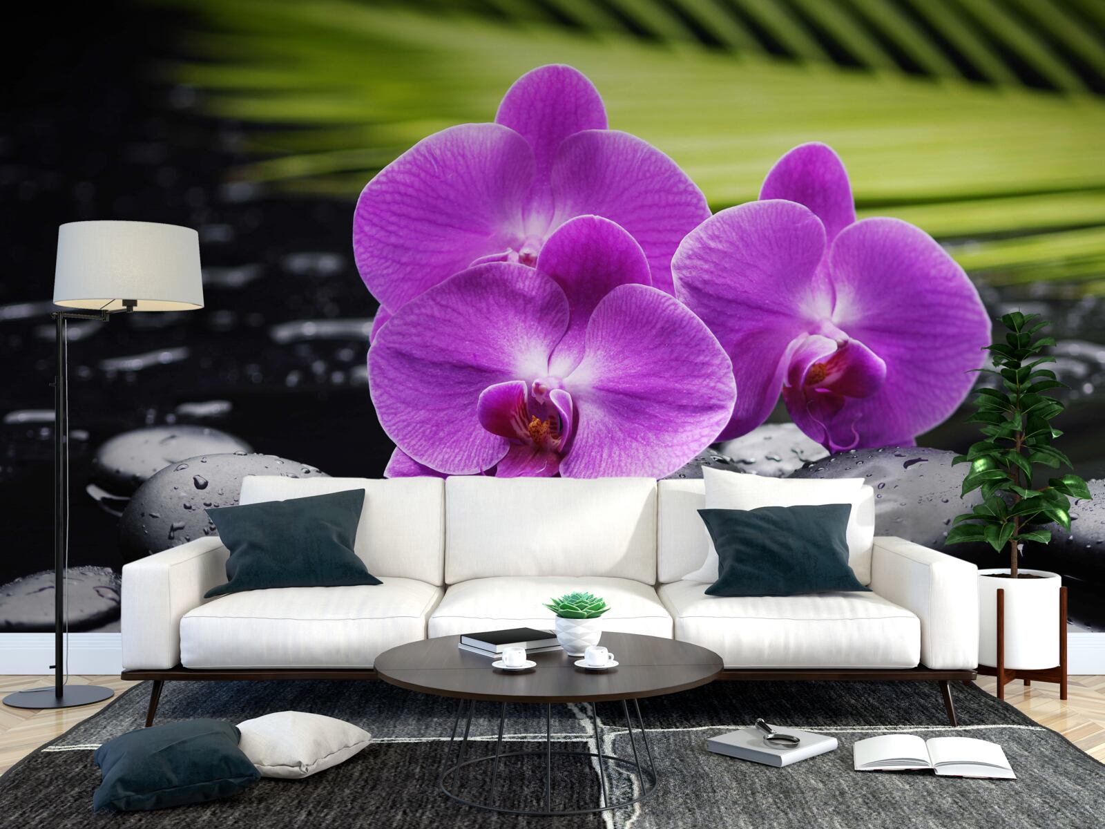 Fototapeten Violet Orchidee auf einem schwarzen Stein in der Nähe des Wassers