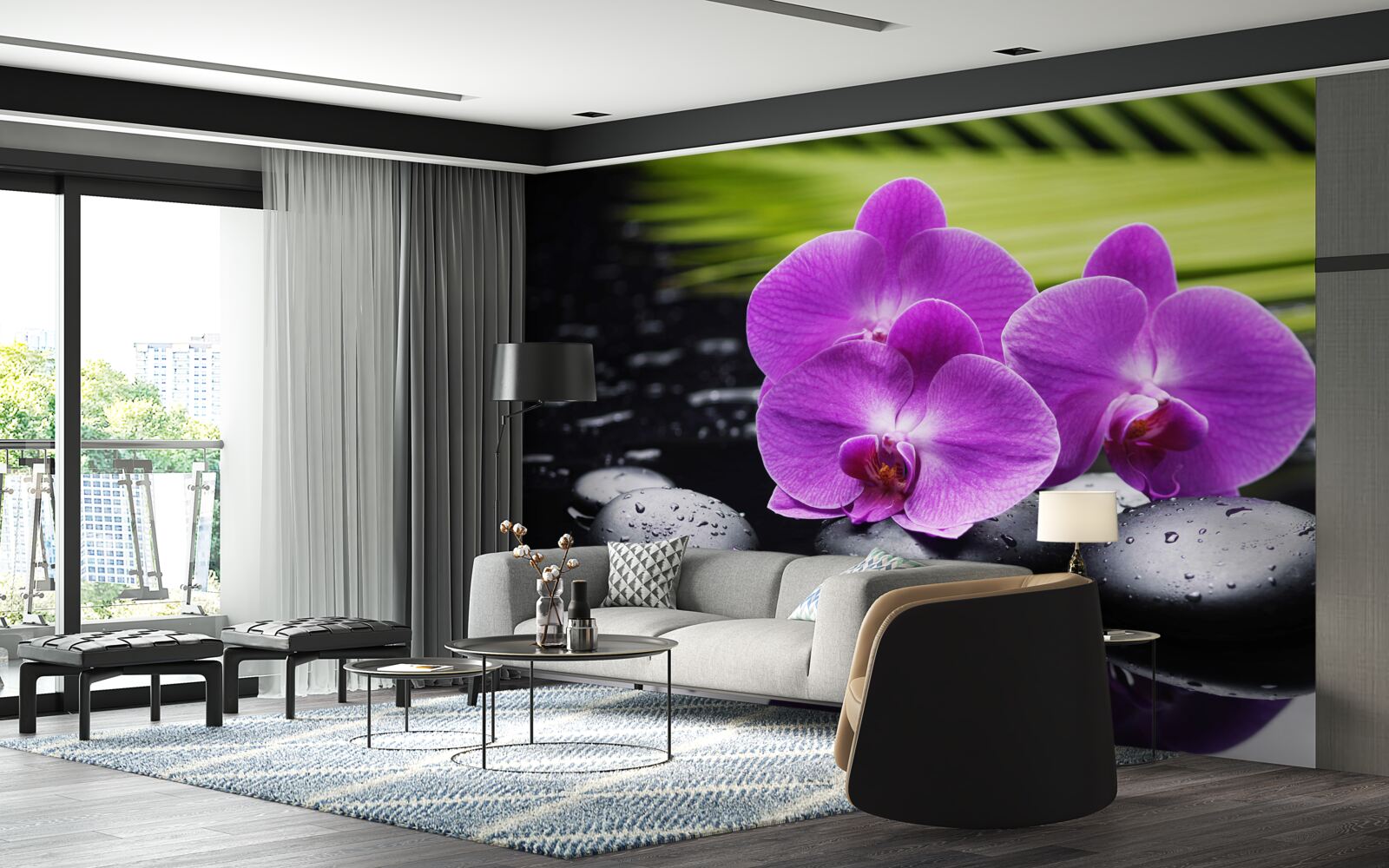Fototapeten Violet Orchidee auf einem schwarzen Stein in der Nähe des Wassers