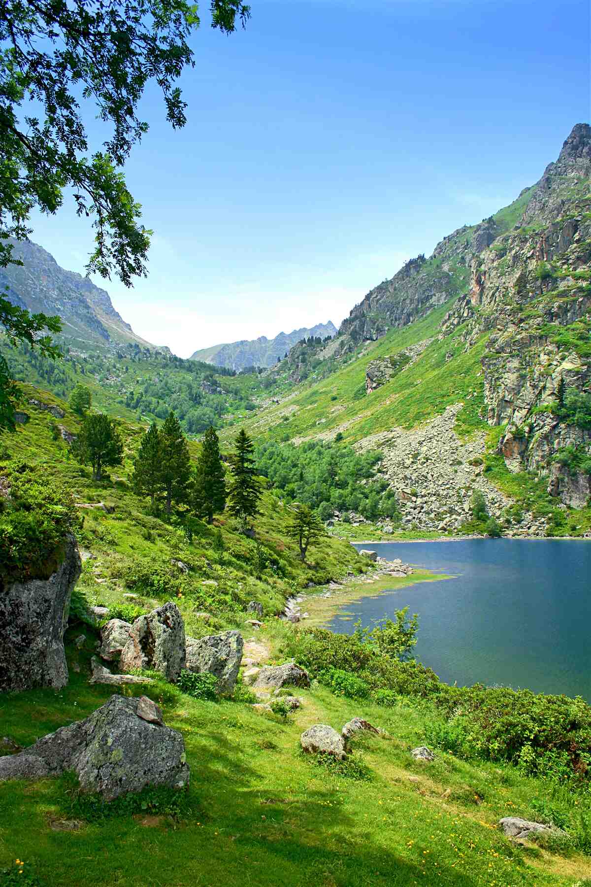 Fototapeten See von Bergen und Grün umgeben