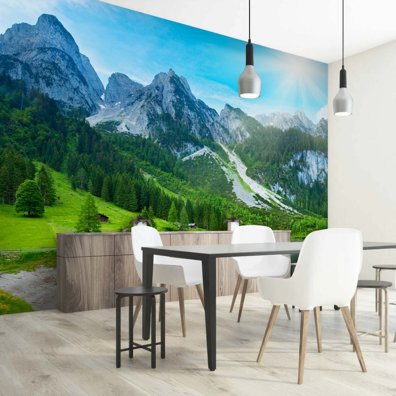Fototapeten Schneegipfel und grüne Wald