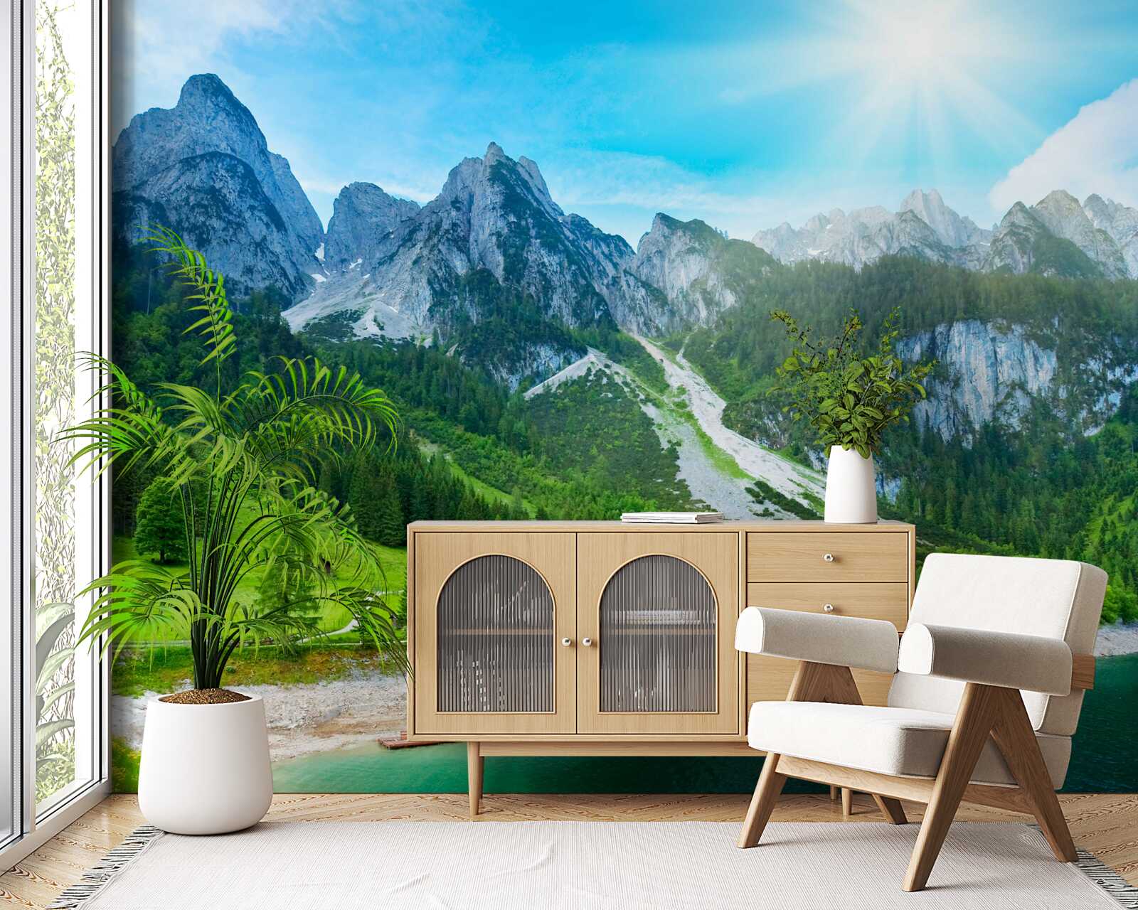 Fototapeten Schneegipfel und grüne Wald
