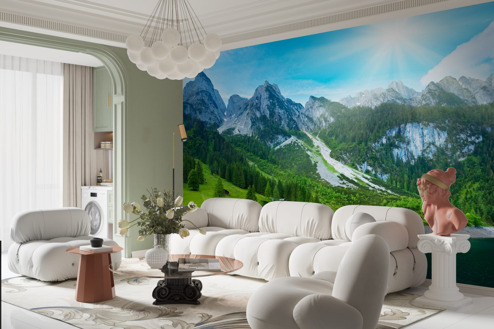 Fototapeten Schneegipfel und grüne Wald