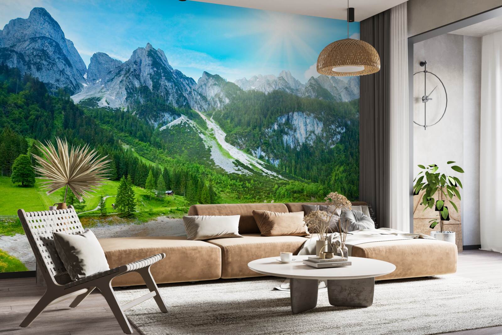 Fototapeten Schneegipfel und grüne Wald