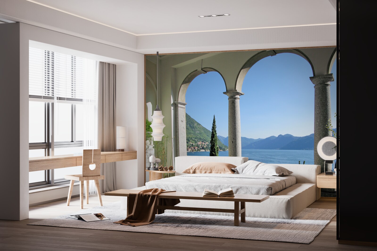 Fototapeten Balkon mit gewölbten Löchern und Blick auf Wasser und Berge