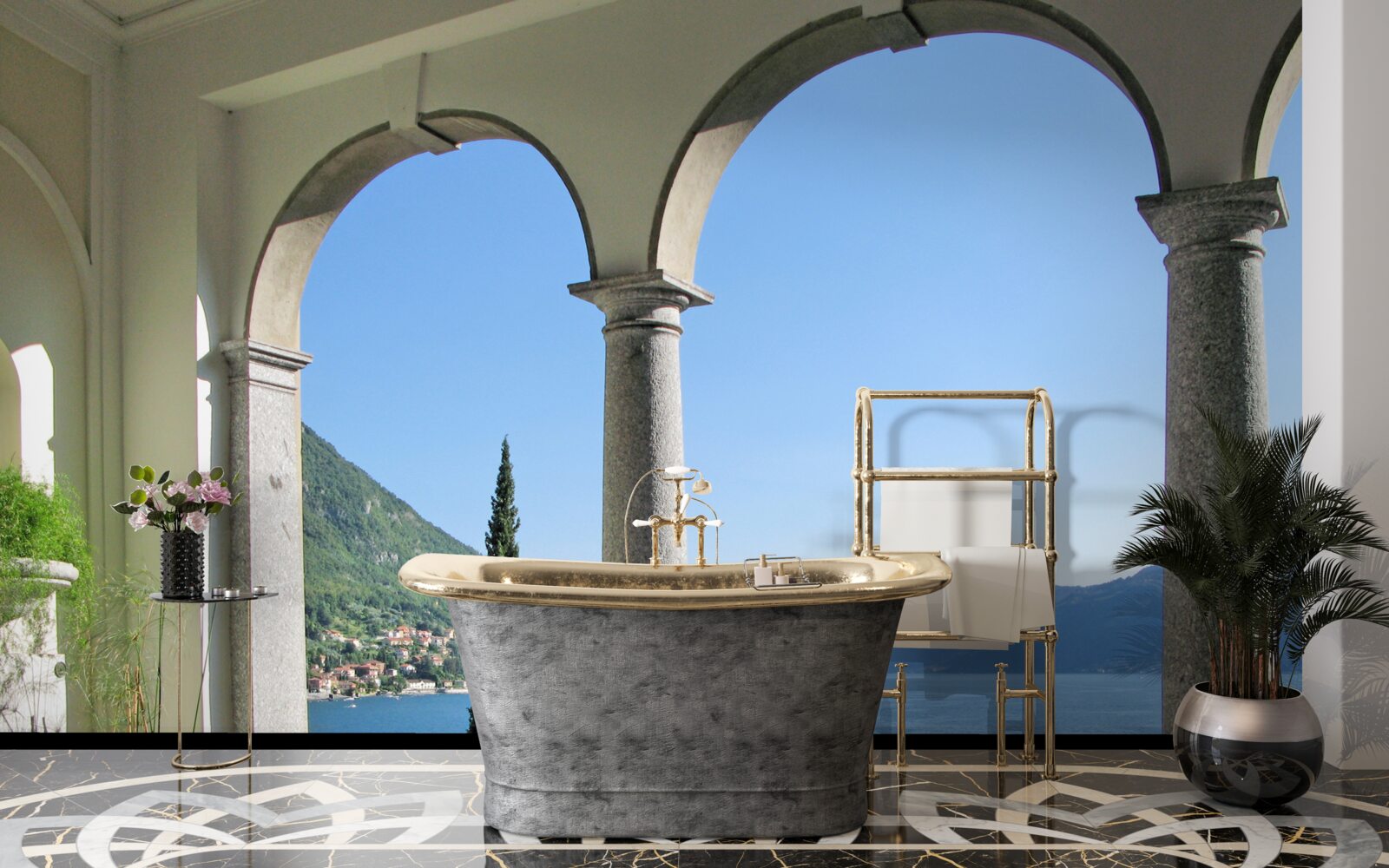 Fototapeten Balkon mit gewölbten Löchern und Blick auf Wasser und Berge