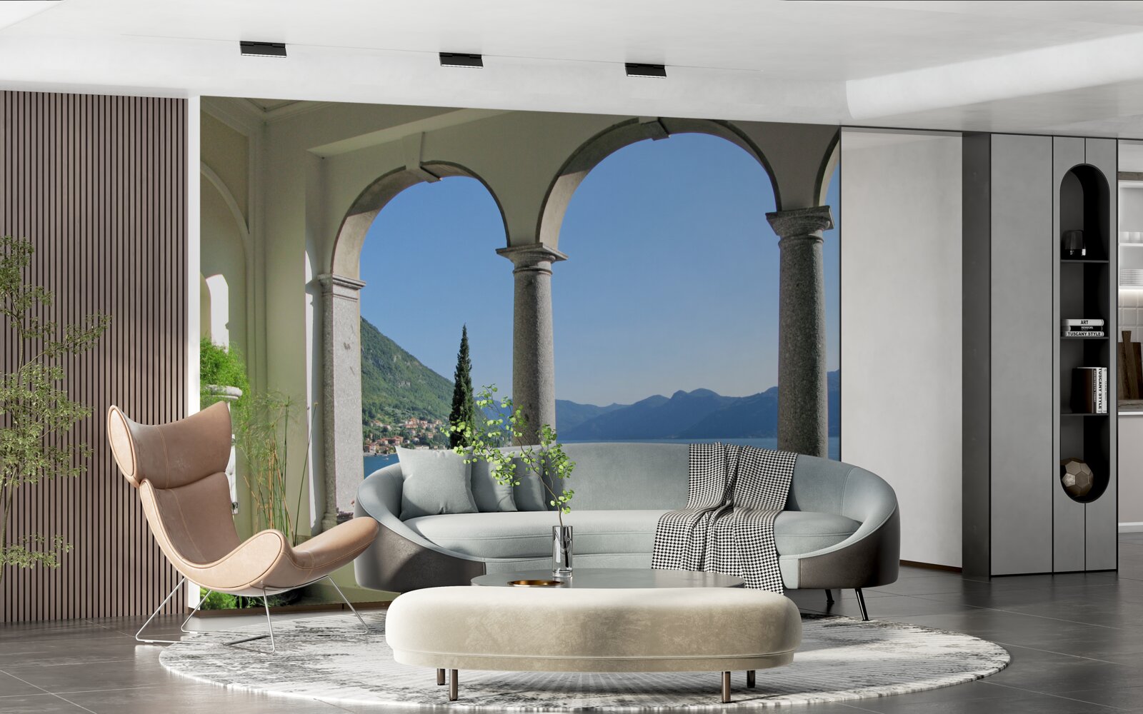 Fototapeten Balkon mit gewölbten Löchern und Blick auf Wasser und Berge