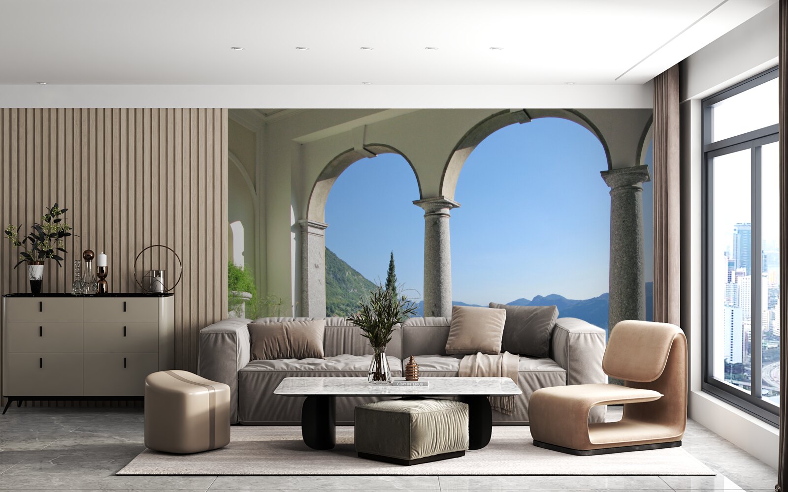 Fototapeten Balkon mit gewölbten Löchern und Blick auf Wasser und Berge