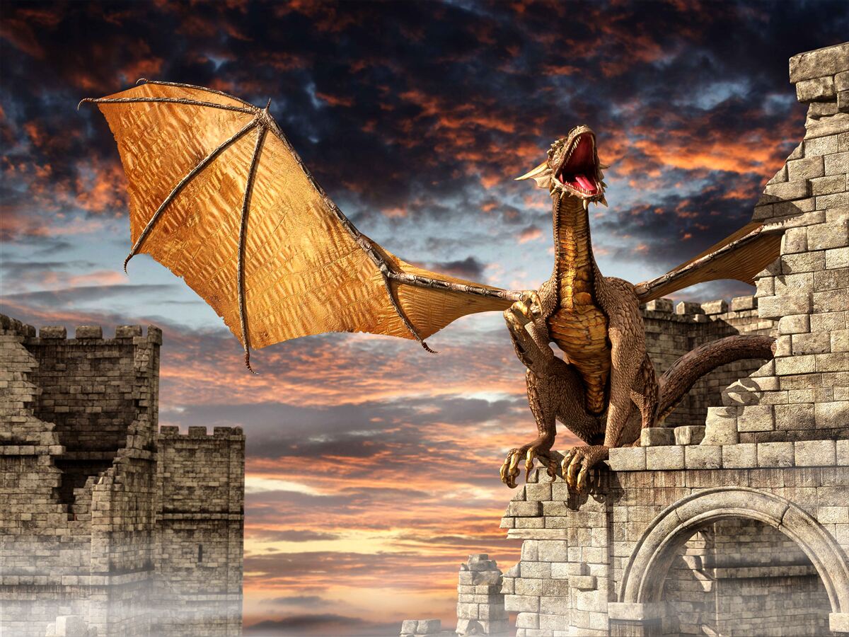 Fototapeten Drache in Stein Festung