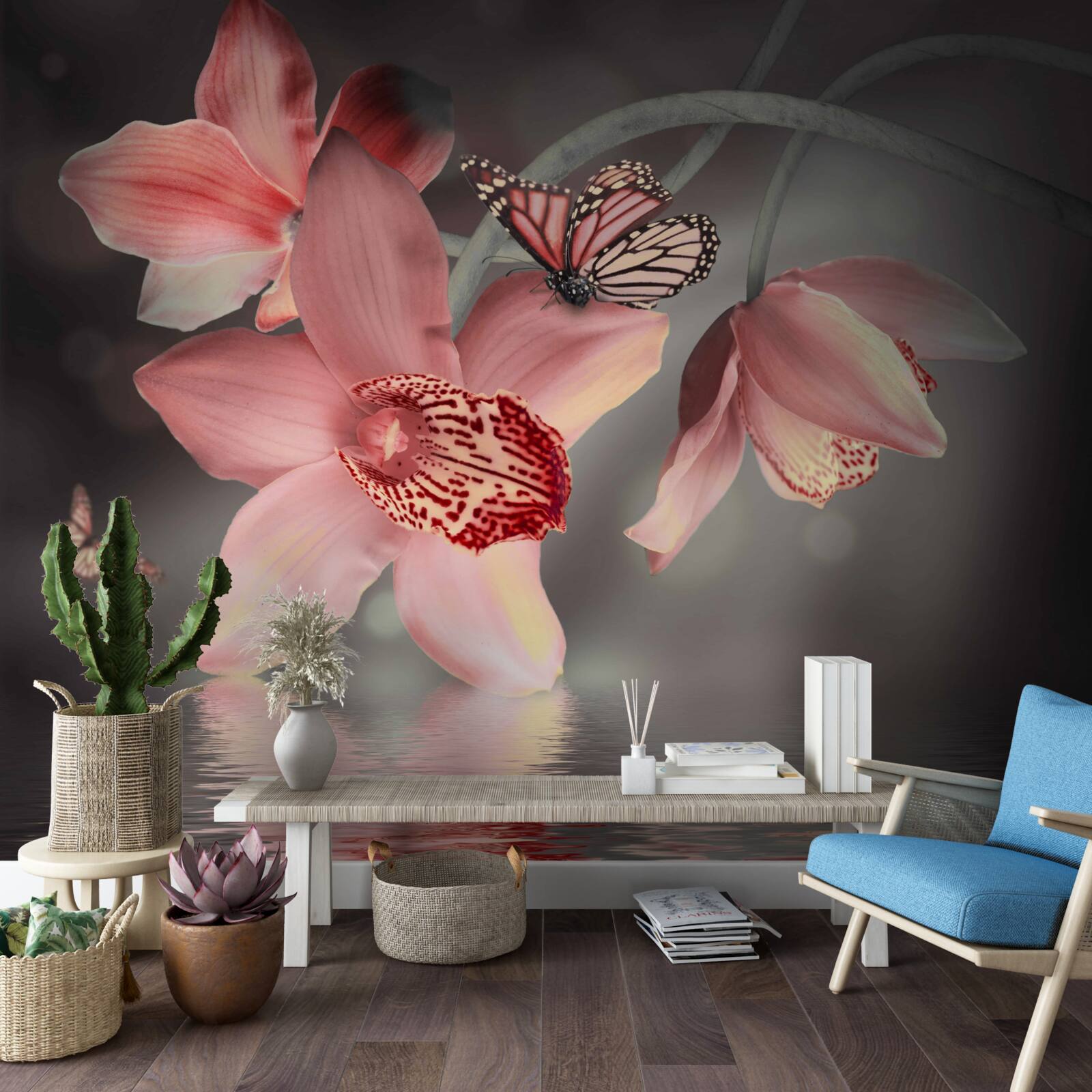 Fototapeten Eine rosa Orchidee hängt über der Wasseroberfläche